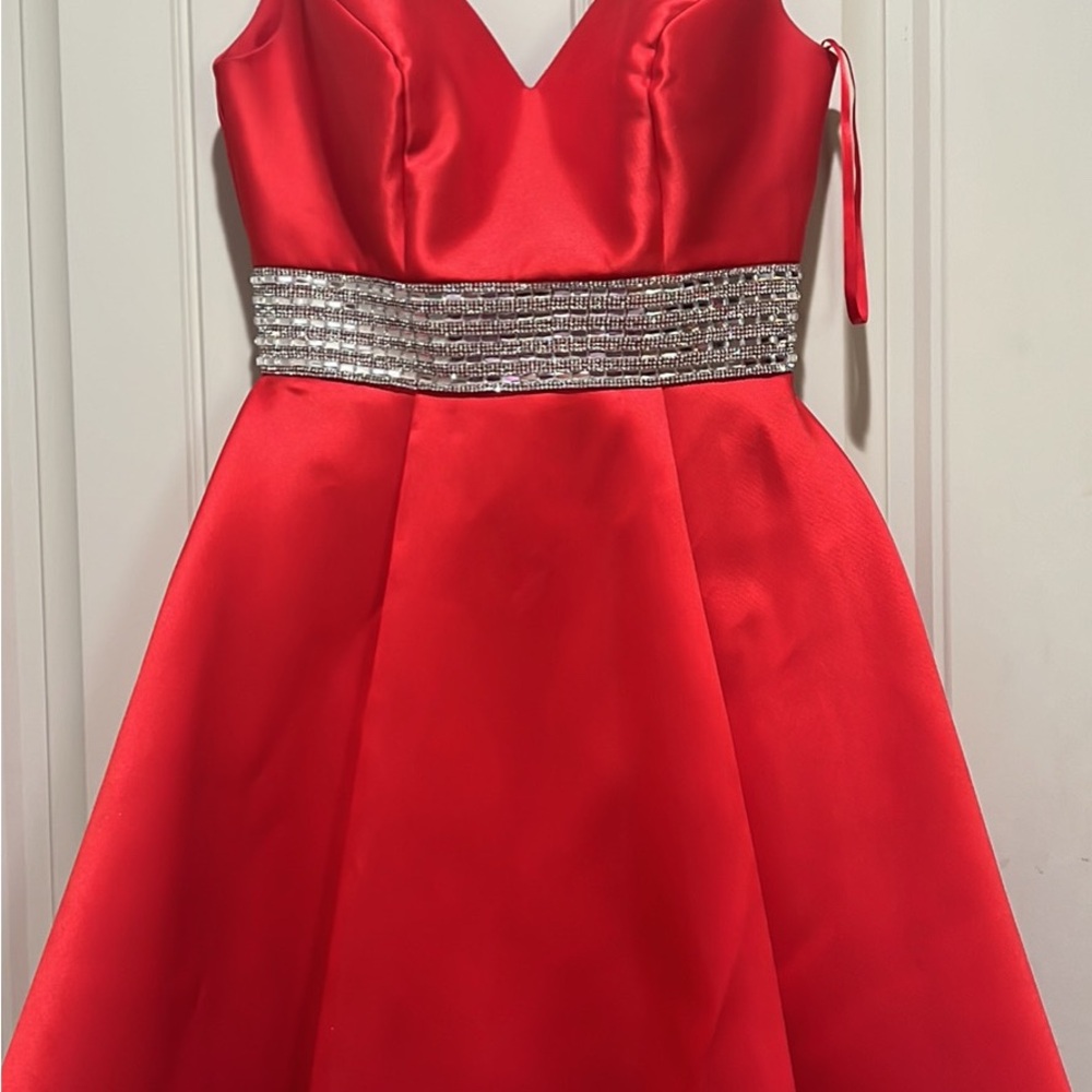 Temptations Red A-Line Prom Dress with Embellished Waist